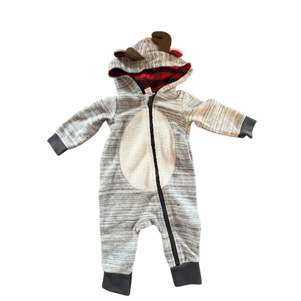 Cat & Jack Baby Reindeer Hooded Union Suit Heather Gray Plaid 3-6M New